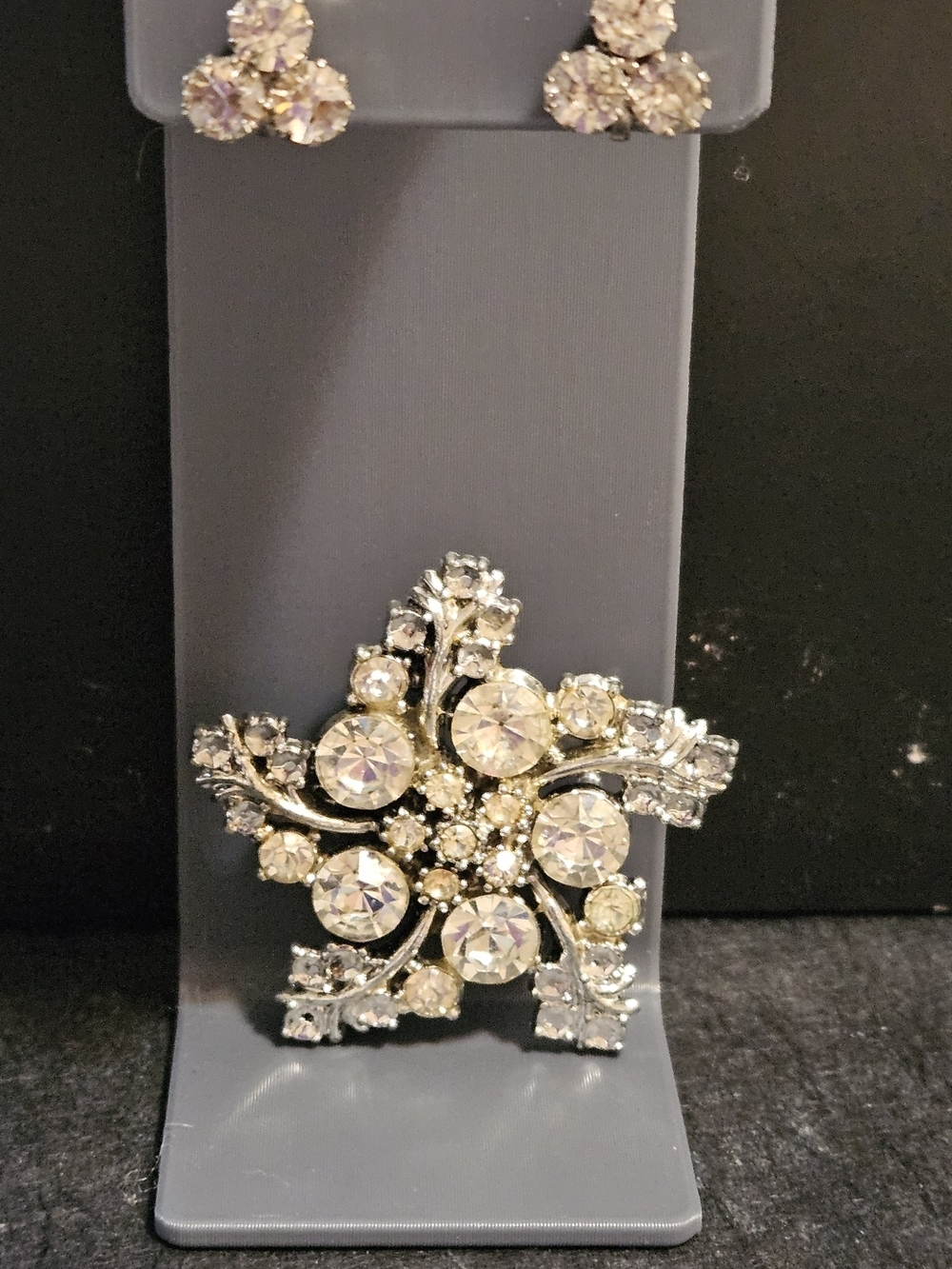 Vintage Silver-Tone Starburst Brooch with Clear Crystals & Matching Clip Earring